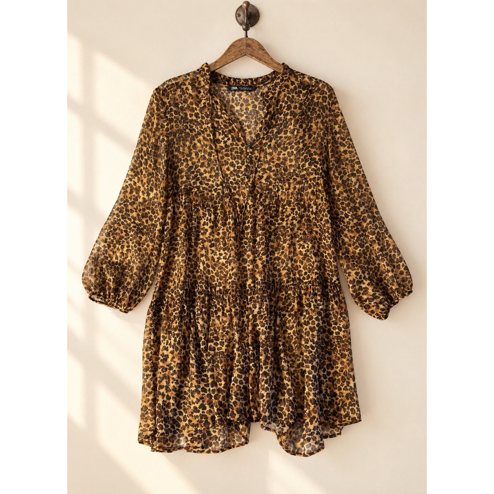 Zara Leopard Print Tiered Mini Dress Size M